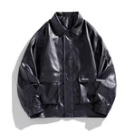 Faux Leather Front Placket w/ Flap Pockets Bomber Jacket // Black (XS)