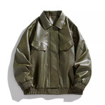 Faux Leather Front Placket w/ Chest Pockets Bomber Jacket // Green (S)