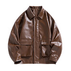 Faux Leather Front Placket w/ Flap Pockets Bomber Jacket // Brown (XS)