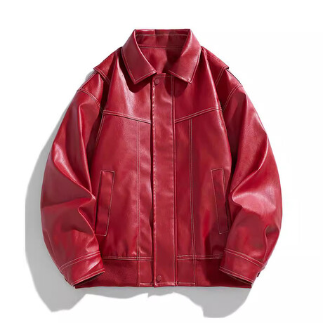 Faux Leather Front Placket Bomber Jacket // Red (XS)