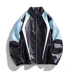 Faux Leather Retro Motorcycle Jacket // Blue (S)