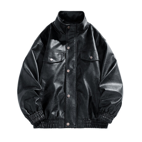 Faux Leather High Neck w/ Front Pockets Bomber Jacket // Black (XS)