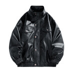 Faux Leather High Neck w/ Front Pockets Bomber Jacket // Black (S)