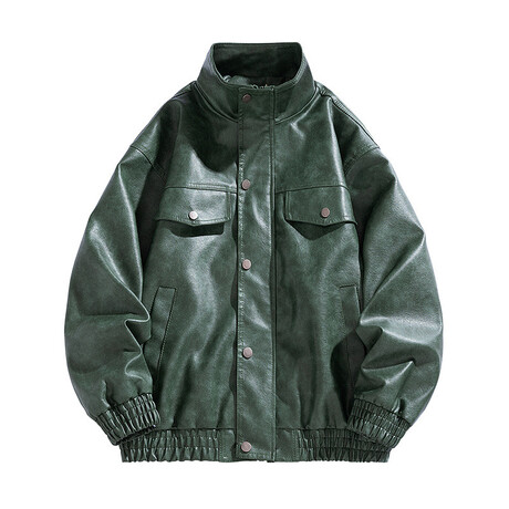 Faux Leather High Neck w/ Front Pockets Bomber Jacket // Green (XS)