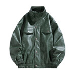 Faux Leather High Neck w/ Front Pockets Bomber Jacket // Green (S)