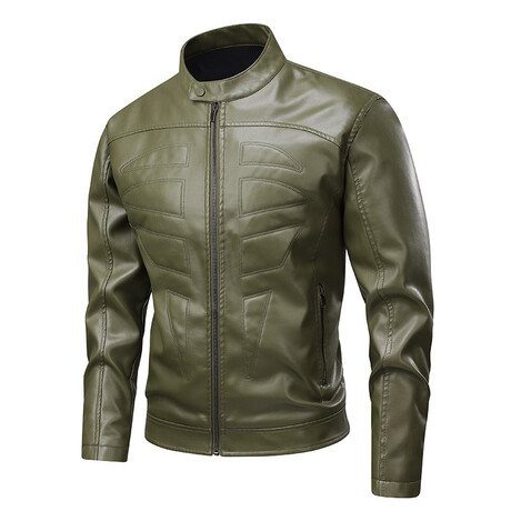 Faux Leather High Neck Racer Jacket // Army Green (XS)
