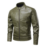Faux Leather High Neck Racer Jacket // Army Green (L)