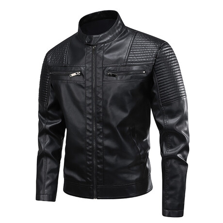 Faux Leather High Neck w/ Quilted Shoulders Racer Jacket // Black (XS)