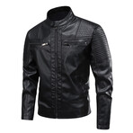 Faux Leather High Neck w/ Quilted Shoulders Racer Jacket // Black (S)