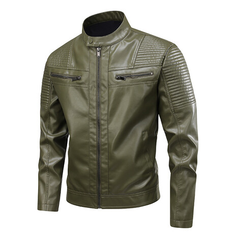Faux Leather High Neck w/ Quilted Shoulders Racer Jacket // Green (XS)