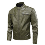 Faux Leather High Neck w/ Quilted Shoulders Racer Jacket // Green (XS)
