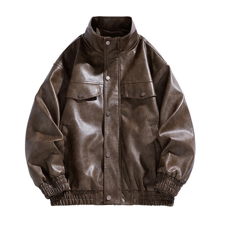 Faux Leather High Neck w/ Front Pockets Bomber Jacket // Brown (XS)