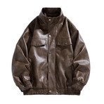 Faux Leather High Neck w/ Front Pockets Bomber Jacket // Brown (S)
