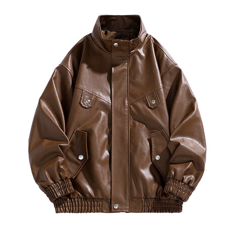 Faux Leather High Neck Bomber Jacket // Brown (XS)