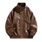 Faux Leather High Neck Bomber Jacket // Brown (XS)