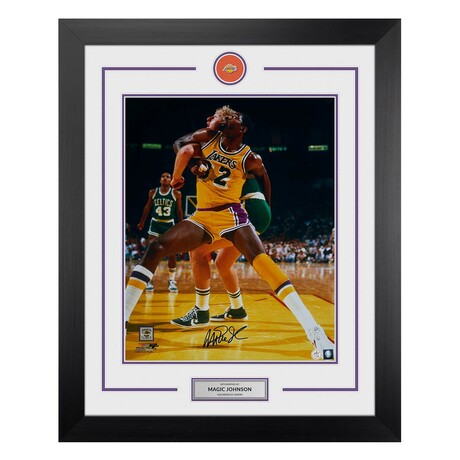 Magic Johnson // LA Lakers // Signed Basketball Logo 26x32 Frame