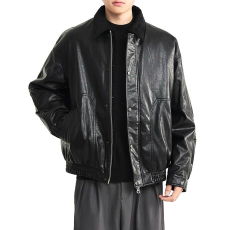 Leather Jacket with Corduroy Collar // Black (XS)