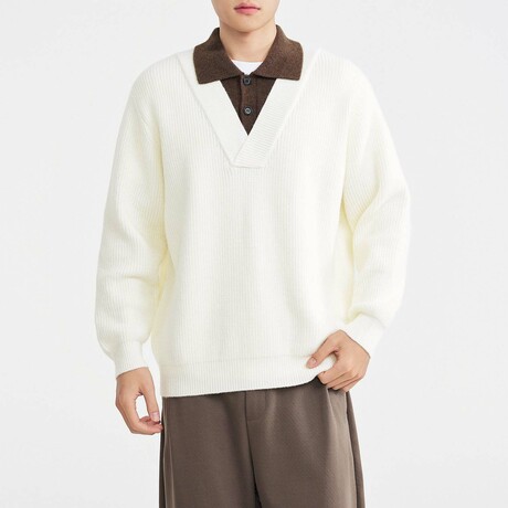 Layered Polo V-Neck Pullover // Ivory (XS)