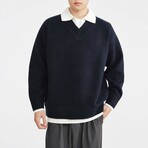 Layered Collar V-Neck Sweater // Navy blue (XS)