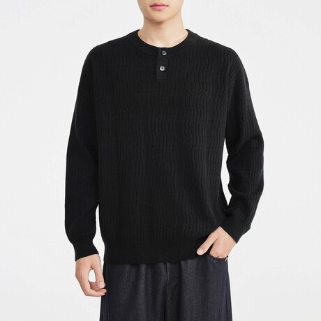Ripple Knit Henley Sweater // Black (XS)