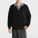 Layered Polo V-Neck Pullover // Black (S)