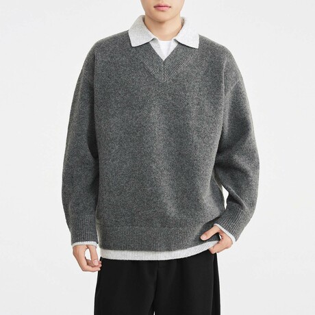 Layered Collar V-Neck Sweater // Dark gray (XS)