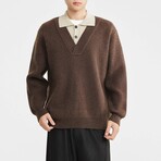 Layered Polo V-Neck Pullover // Brown (XS)