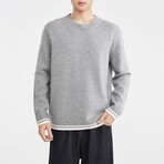 Striped Trim Crewneck Sweater // Grey (L)