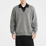 Layered Polo V-Neck Pullover // Flower gray (XS)