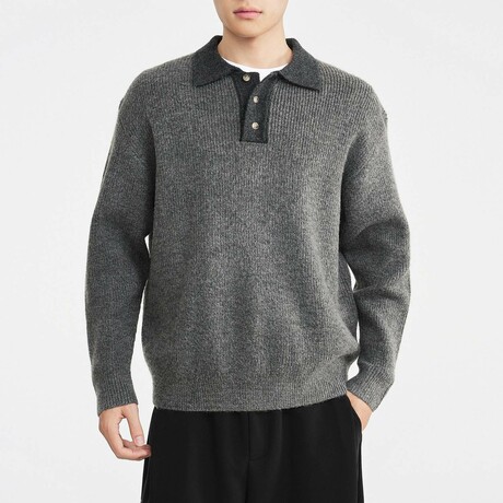 Contrast Collar Polo Sweater // Grey (XS)