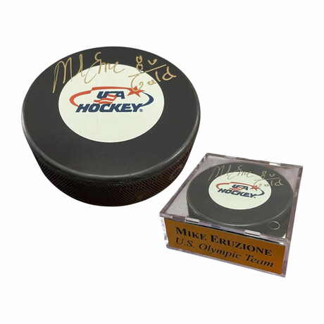 Mike Eruzione // 1980 Olympic USA Hockey // Signed Puck w/ Inscr. + Case