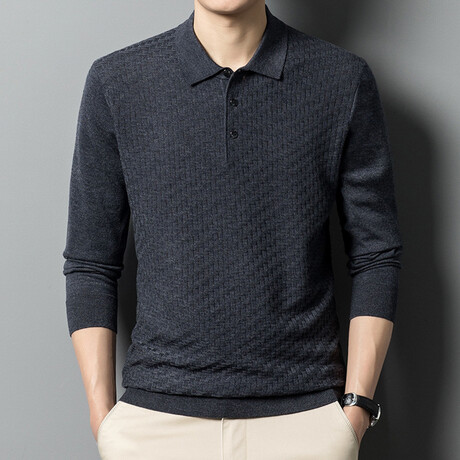 Basketweave Knit Long Sleeve Polo // Grey (XS)