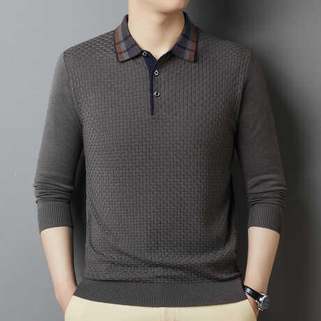 Plaid Collar Long Sleeve Polo // Grey (XS)