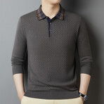 Plaid Collar Long Sleeve Polo // Grey (XS)