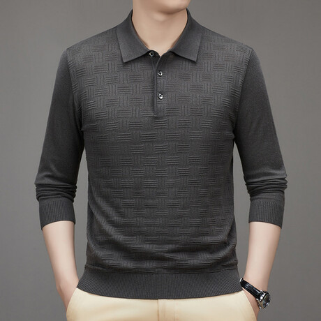 Checkerboard Knit Long Sleeve Polo // Grey (XS)