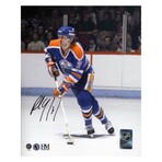 Paul Coffey // Edmonton Oilers // Signed 'Blue Jersey Action w/ Puck' Photo