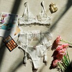 Moonlit Lace Embroidered // 3 Piece Lingerie Set // White (M)