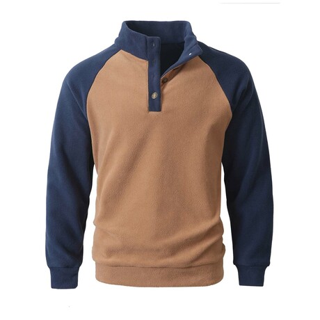 Colorblock Button 1/4 Zip Sweatshirt // Brown & Blue (XS)