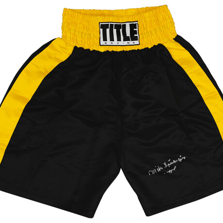 Michael (Mike) Spinks // Signed Title Black With Gold Trim Boxing Trunks