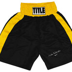 Michael (Mike) Spinks // Signed Title Black With Gold Trim Boxing Trunks
