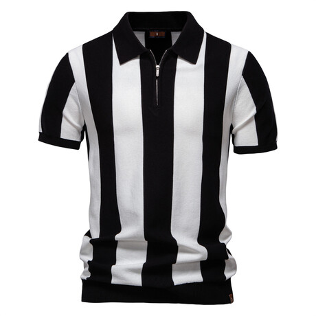 Vertical Striped Zip Polo T-Shirt // Black (XS)