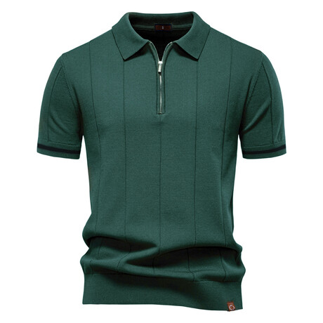 Zippered Paneled Polo T-shirt // Dark green (XS)