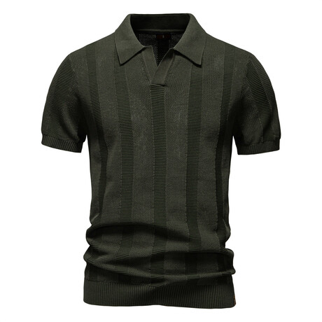Vertical Striped Knit Polo Shirt // Army Green (XS)