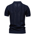 Vertical Striped Knit Polo Shirt // Navy Blue (S)