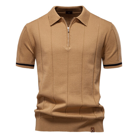 Zippered Paneled Polo T-shirt // Camel (XS)