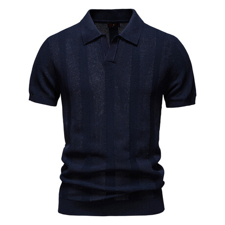 Vertical Striped Knit Polo Shirt // Navy Blue (XS)