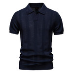 Vertical Striped Knit Polo Shirt // Navy Blue (S)