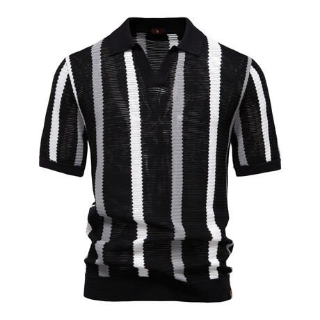Open Knit Striped Polo T-shirt // Black (XS)