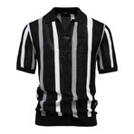 Open Knit Striped Polo T-shirt // Black (L)