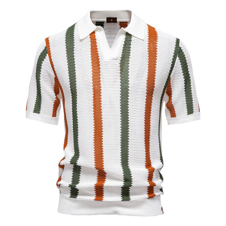 Open Knit Striped Polo T-shirt // White (XS)